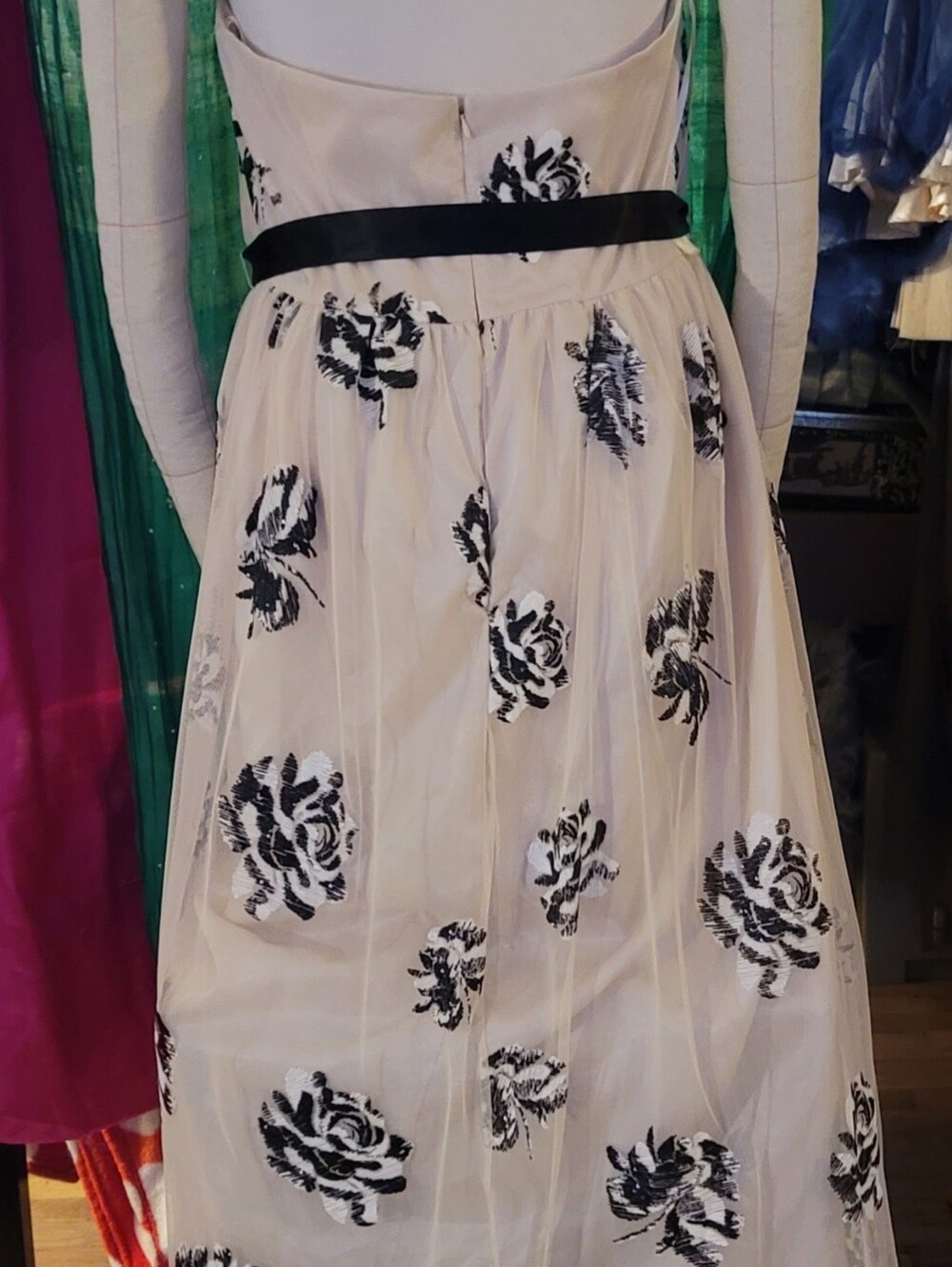 Ivory Floral Strapless Dress with Black Rose Appliqué